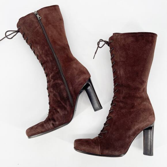 Vintage Prada Brown Suede Lace Up Square Toe High Heel Mid Calf Boots IT 37 - Picture 4 of 12
